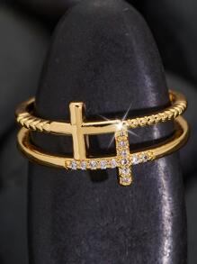 1 pieza Anillo de pareja con decoración de cruz de cobre y circonita cúbica, regalo del Día de San Valentín