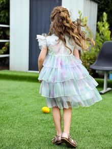 Niñas Vestido de malla ribete con fruncido - Multicolor - Ver 7