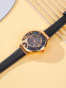 1pc Black PU Polyurethane Strap Fashion Rhinestone Decor Round Dial Quartz Watch & 5pcs Jewelry Set, For Gift - Black - View 2