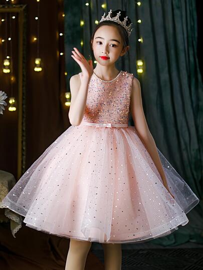 年轻女孩的星形下摆蝴蝶结水钻装饰派对公主裙，适合生日派对、情人节礼物、舞会、表演舞台、节日庆典、钢琴演奏会、婚礼花童