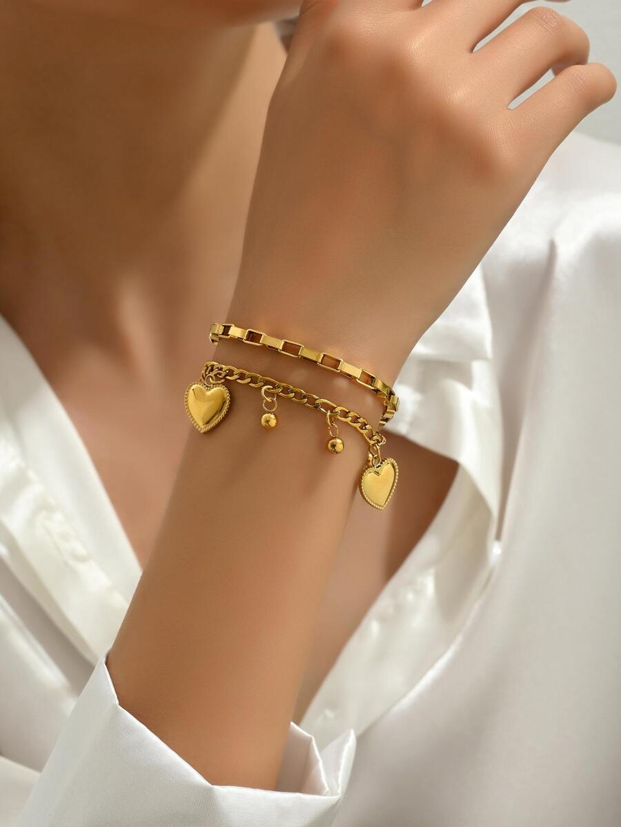 歐美風格時尚雙層愛心設計不銹鋼手環適合女士,流行和精美手掌首飾配件 - 金黃色 - 查看 1