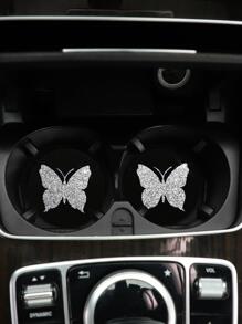 MEIKAXIU 2入組金屬亮絲蝴蝶樣式汽車杯墊 - 銀色 - 查看 3