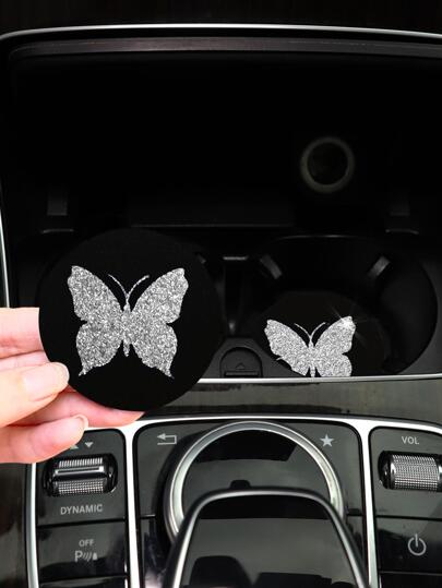 MEIKAXIU 2入組金屬亮絲蝴蝶樣式汽車杯墊