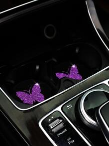 MEIKAXIU 2pcs Glitter Butterfly Pattern Car Coaster - Purple - View 3