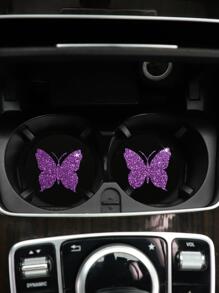 MEIKAXIU 2pcs Glitter Butterfly Pattern Car Coaster - Purple - View 4