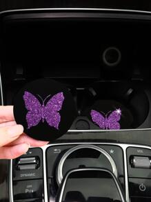 MEIKAXIU 2pcs Glitter Butterfly Pattern Car Coaster - Purple - View 2
