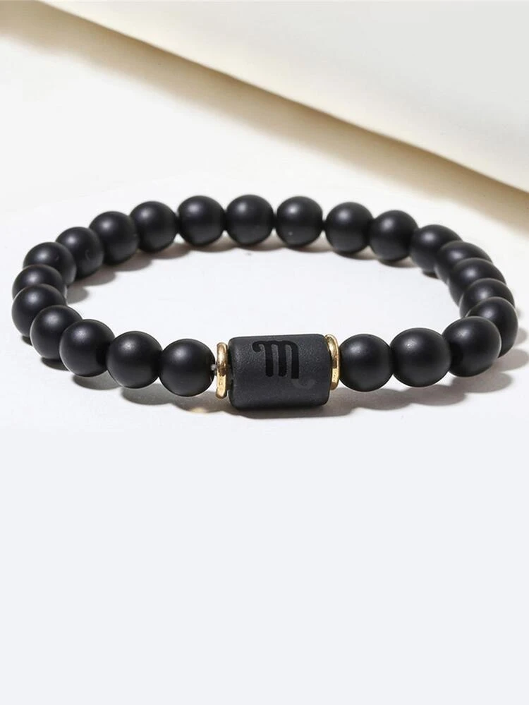 1pc Elastic Black Matte Beaded Bracelet With 12 Zodiac Signs - Black - View 1
