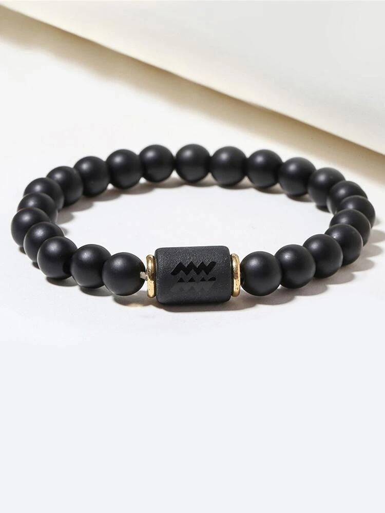 1pc Elastic Black Matte Beaded Bracelet With 12 Zodiac Signs - Black - View 3