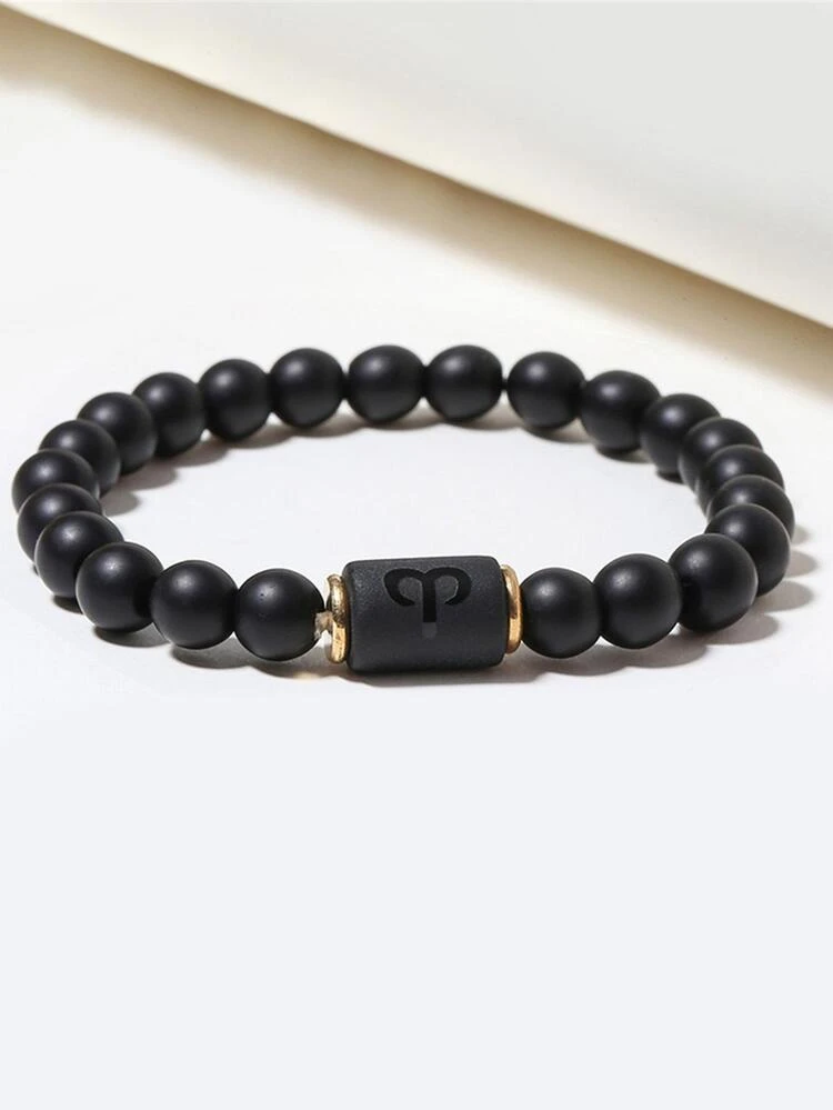 1pc Elastic Black Matte Beaded Bracelet With 12 Zodiac Signs - Black - View 4