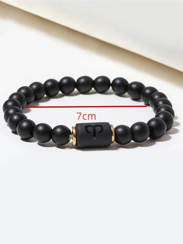 1pc Elastic Black Matte Beaded Bracelet With 12 Zodiac Signs - Black - View 6