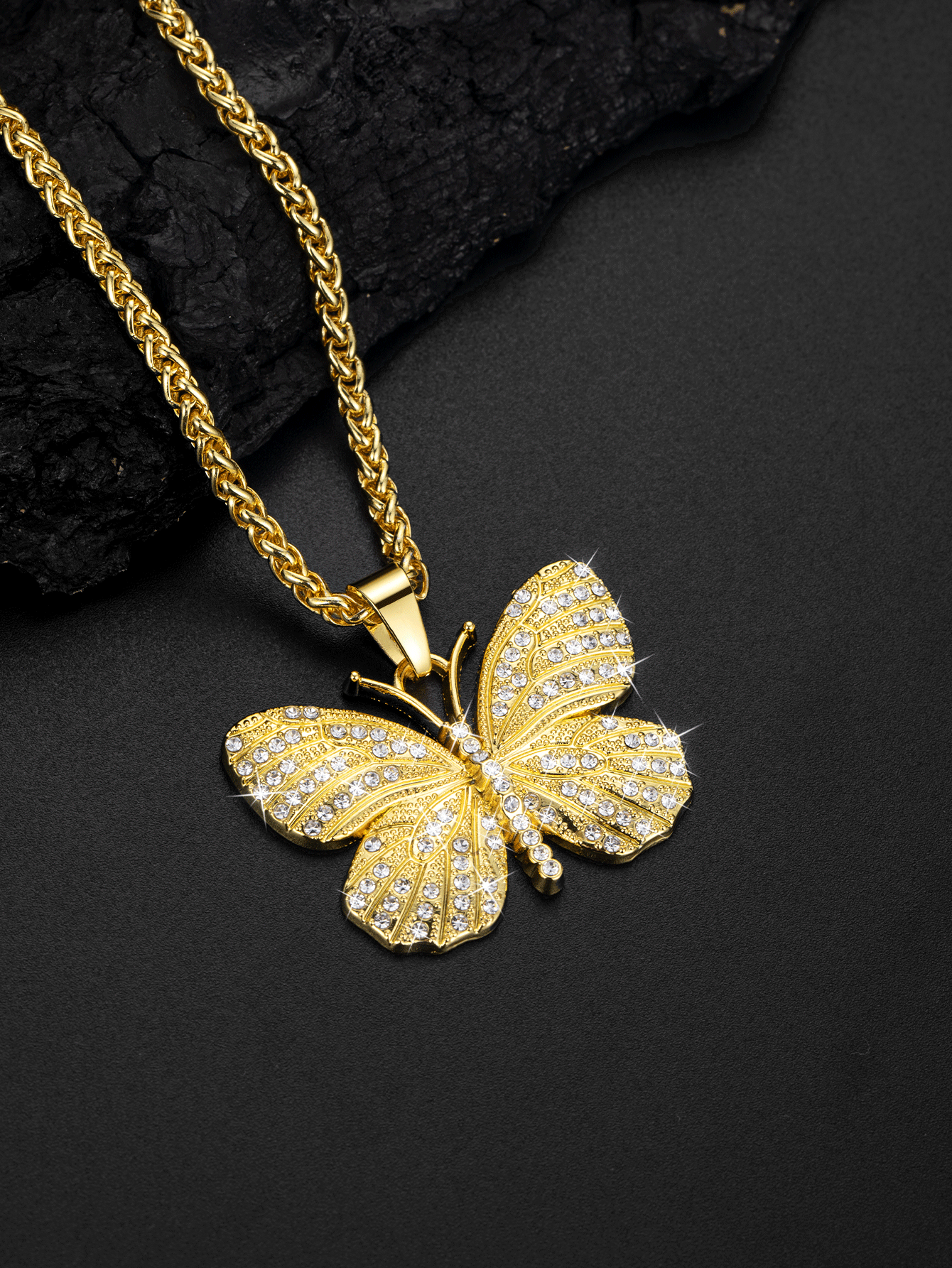 1入組中性鑲鑽蝴蝶形狀極簡吊墜項鍊,嘻哈時尚首飾類 - 金色 - 查看 2