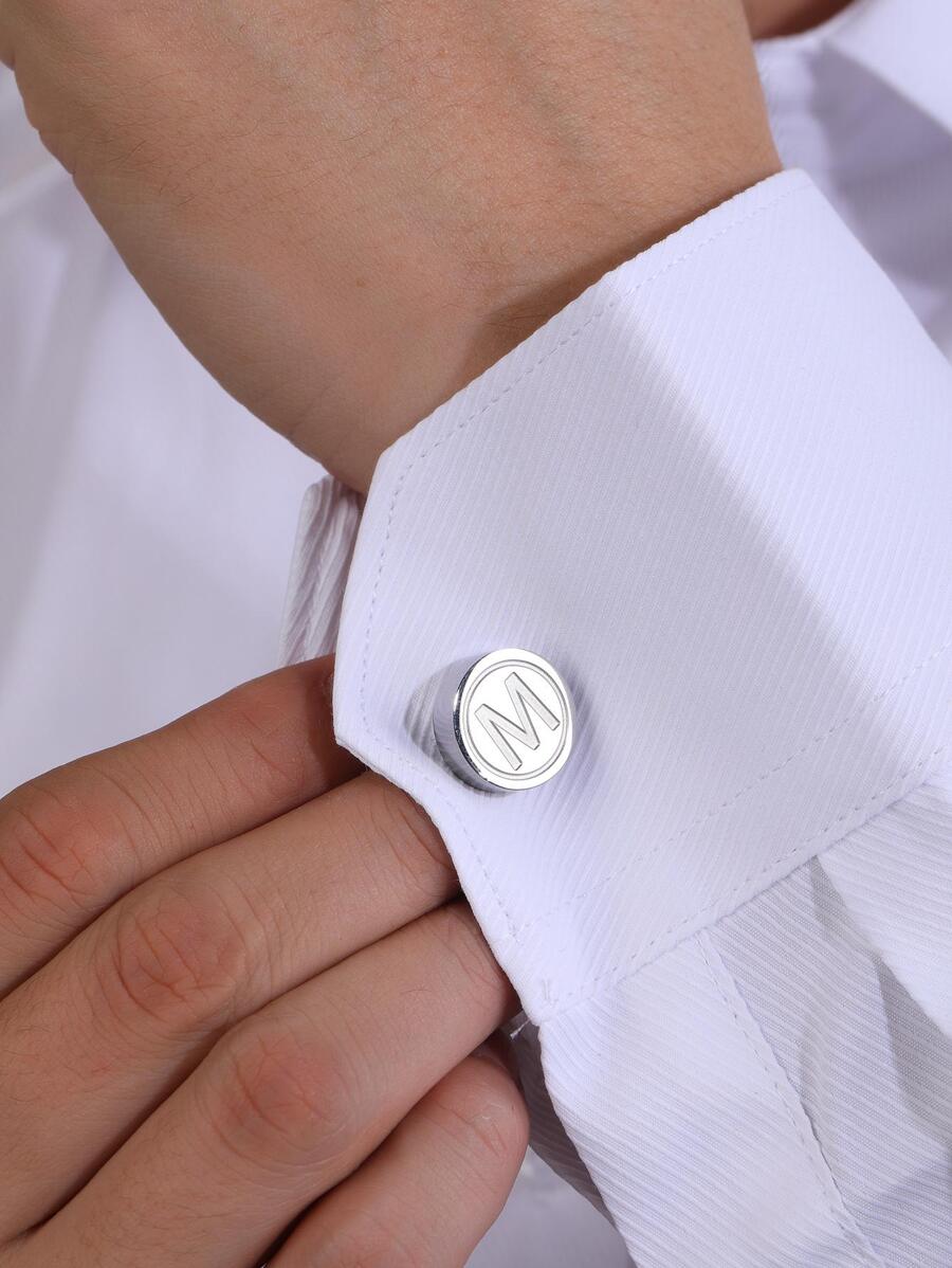 1雙不銹鋼個性化最初袖扣,完美適用於正式場合,理想適用於畢業季節,成年人禮品,和父親節,袖珍的,時髦,和多用途 - 銀色 - 查看 1