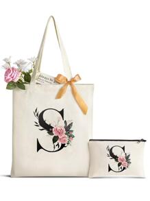首字母花卉帆布手提包,女伴娘個性化婚禮禮品包,化妝包（不含絲巾）