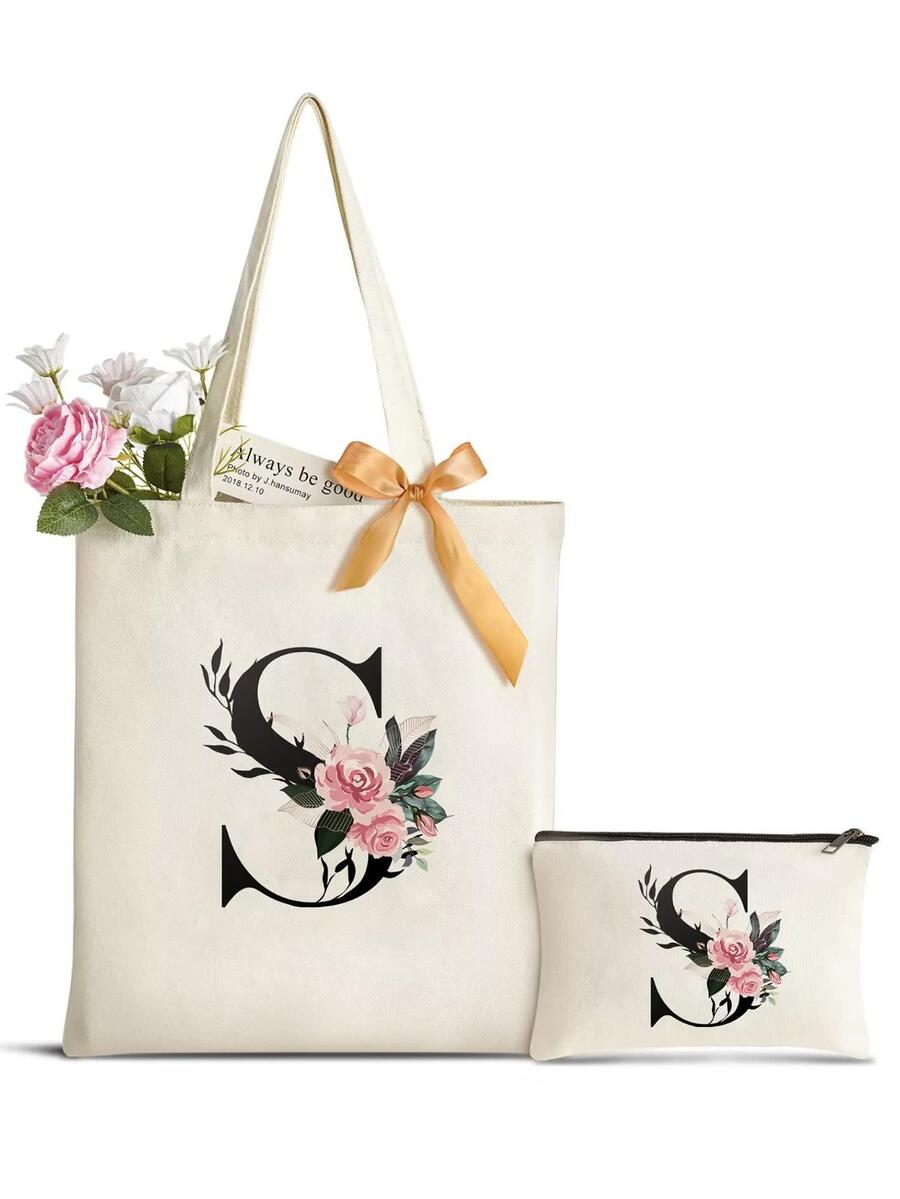 首字母花卉帆布手提包,女伴娘個性化婚禮禮品包,化妝包（不含絲巾）
