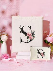 首字母花卉帆布手提包,女伴娘個性化婚禮禮品包,化妝包（不含絲巾）