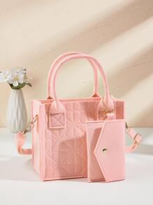 粉色的毛氈愛心圖案手提包帶零錢包 - 粉色 - 查看 1