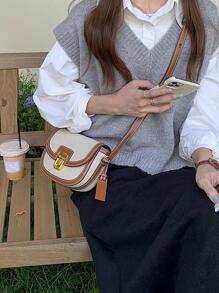New Color-Block Saddle Bag Shoulder Crossbody Bag, Vintage Style Versatile Underarm Small Bag