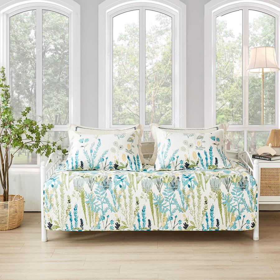 3 Piece Daybed Cover Set Twin Reversible Cozy Daybed Bedding Sets Double Sided Quilting Bedspread Coverlet Floral Printed Day Bed Cover All Season for Twin Bed with 2 Standard Shams,39"x75 - Green - View 1