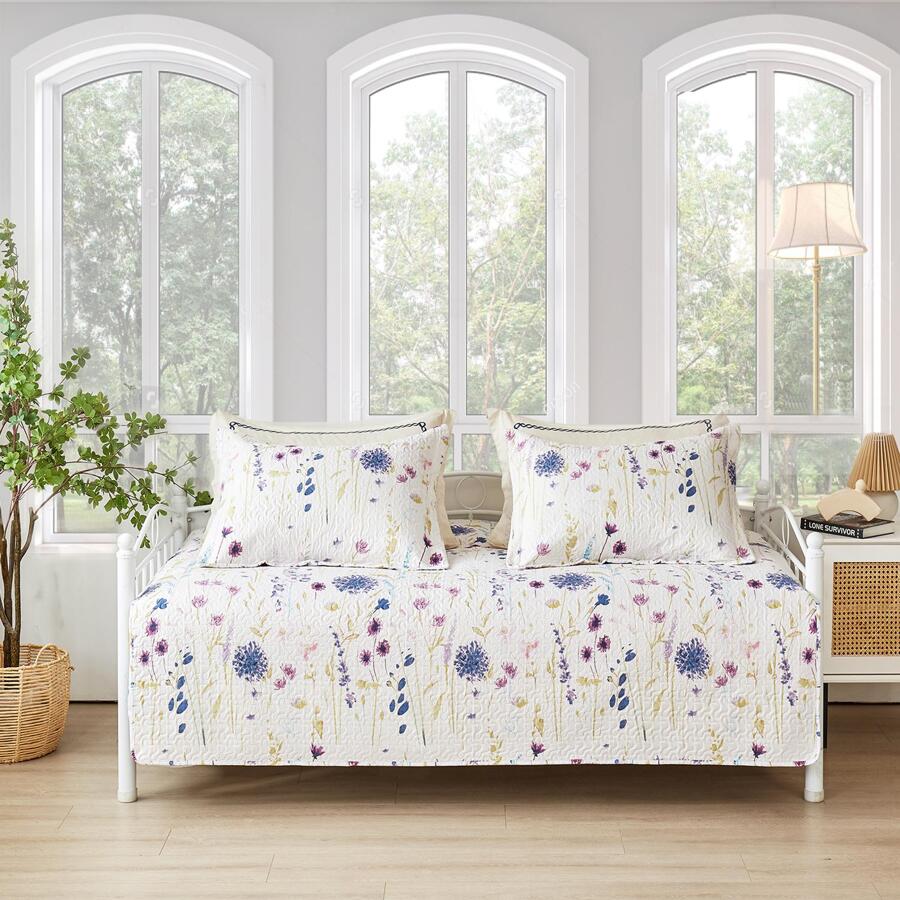 3 Piece Daybed Cover Set Twin Reversible Cozy Daybed Bedding Sets Double Sided Quilting Bedspread Coverlet Floral Printed Day Bed Cover All Season for Twin Bed with 2 Standard Shams,39"x75 - 紫色 - 查看 1