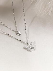 1入組雙層蝴蝶設計鉑金鍍S925純銀項鍊，適用於女士日常佩戴度假 - 銀色 - 查看 2