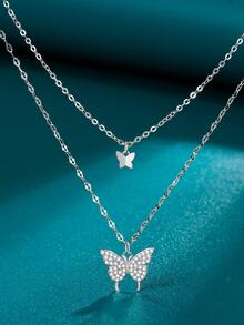 1入組雙層蝴蝶設計鉑金鍍S925純銀項鍊，適用於女士日常佩戴度假 - 銀色 - 查看 4