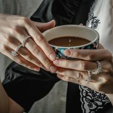 1個女士心形全永恆圍邊4x4mm華麗鋯寶石婚戒,925純銀訂婚婚戒結婚戒指珠寶禮物新娘珠寶 - 銀色 - 查看 6