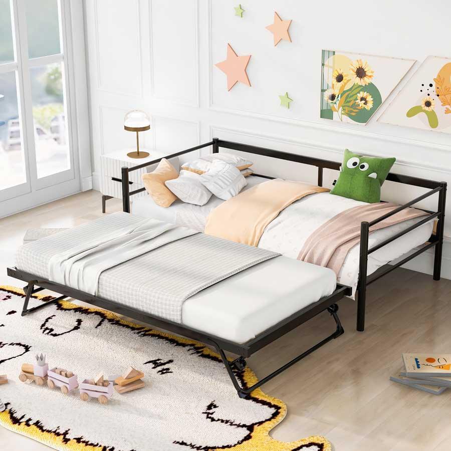 MERAX Twin Size Metal Daybed With Adjustable Trundle, Pop Up Trundle - Black - View 1