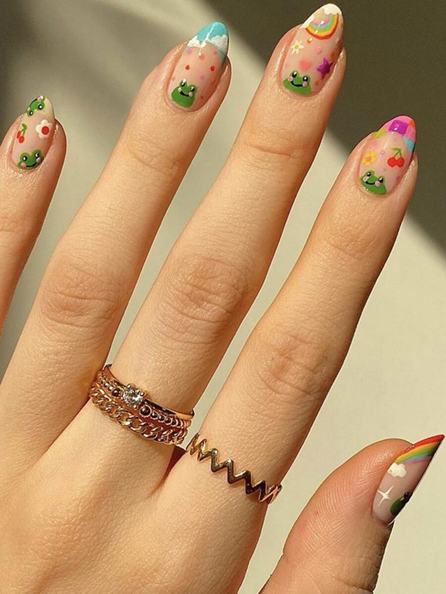 Nâng cấp diện mạo của bạn với 24 chiếc Phim hoạt hình đầy màu sắc Pháp Hình bầu dục ngắn hình ếch in Full Cover Bộ dụng cụ làm móng giả - Nhiều màu - Xem 1