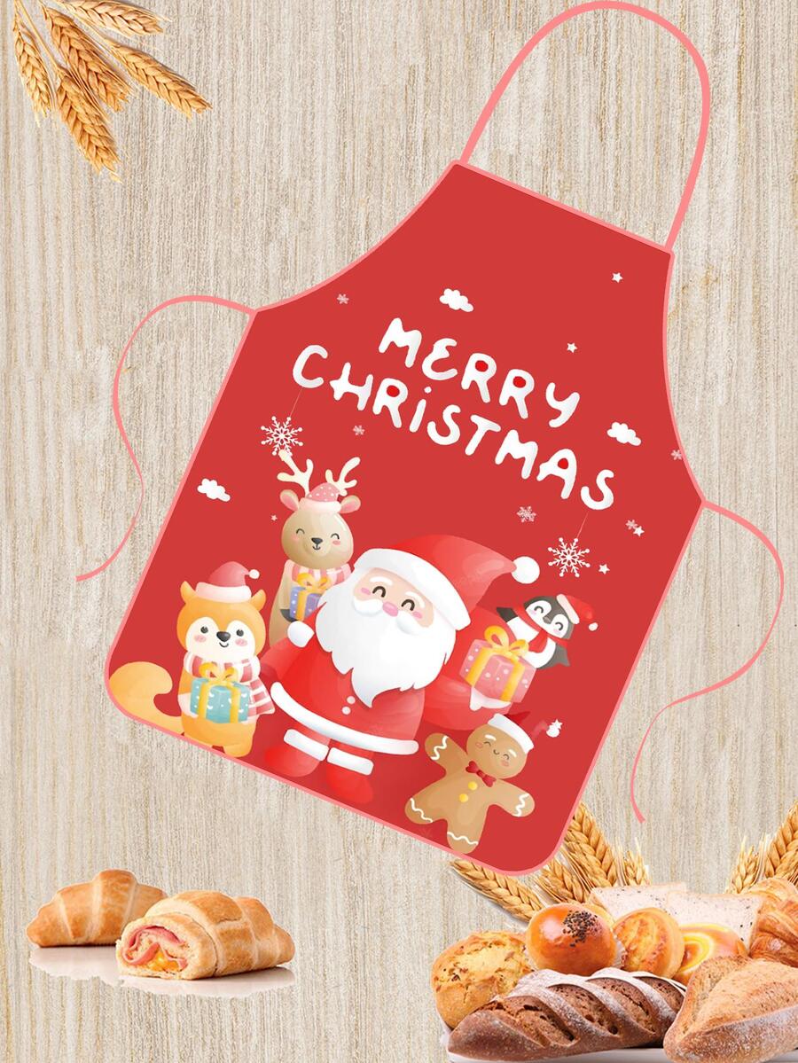 Christmas Pattern Fabric Print Cute Apron For Kitchen Cooking, Baking, Handcraft, Gardening, Cafe, Anti-fouling Workwear - Red - View 1