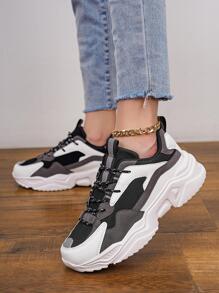 女性舒服的前繫帶撞色運動鞋,運動戶外老爹鞋