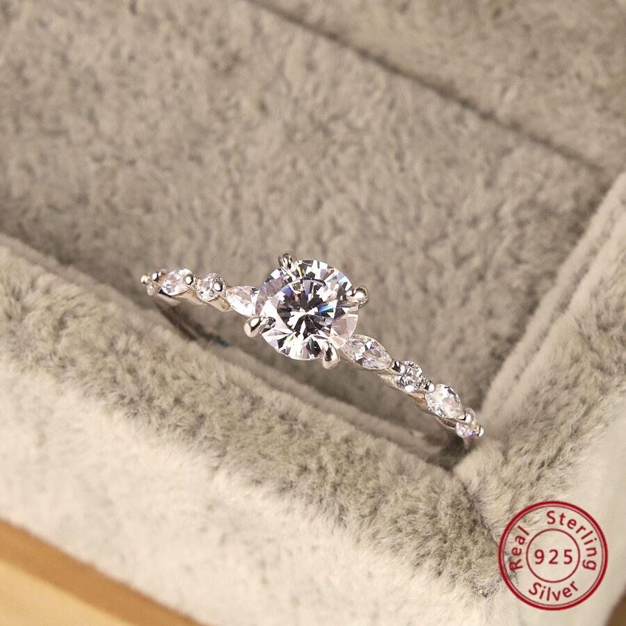 925 sterling bạc Bộ nhẫn Với Bốn móng , Nhẫn đính hôn Dành Cho Nam Và Nữ Lễ cưới Trang sức cô dâu - Bạc - Xem 1
