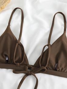 Solid Triangle Bra & Thong Bikini Bathing Suit For Summer Beach - Brown - View 4