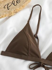 Solid Triangle Bra & Thong Bikini Bathing Suit For Summer Beach - Brown - View 3