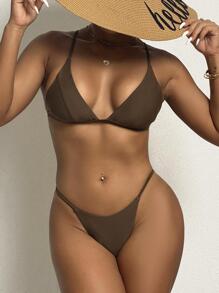 Solid Triangle Bra & Thong Bikini Bathing Suit For Summer Beach - Brown - View 6