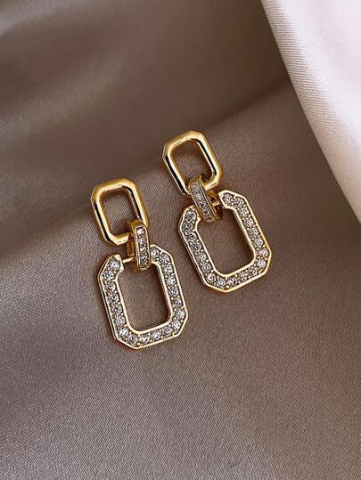 1pair Fashion Stainless Steel Cubic Zirconia Decor Geometric Drop Earrings For Women For Daily Decoration