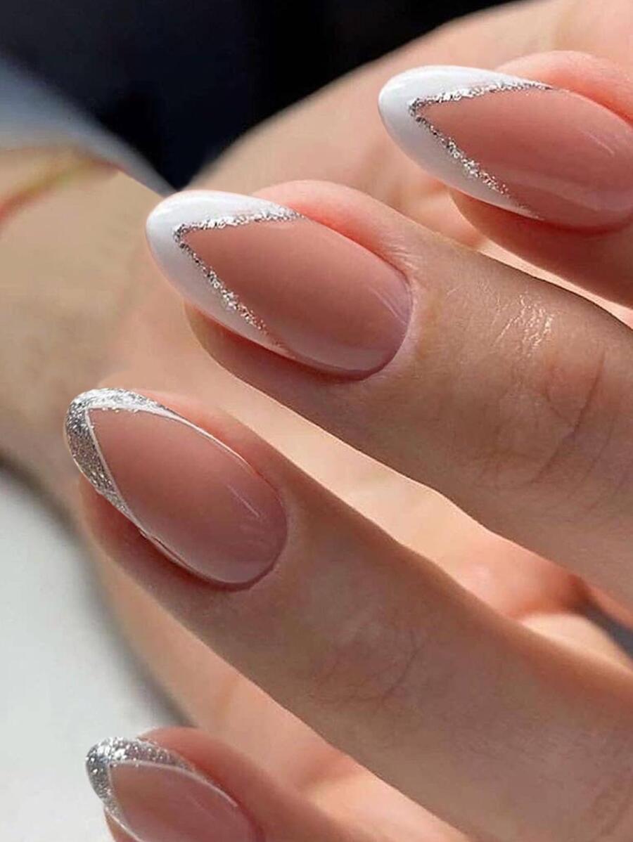 使用 24入組白色閃光法式尖短杏仁全覆蓋假指甲套件提升您的風格 - 彩色 - 查看 1