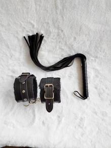 1pc Combination Black Handcuffs Whip Feminine Fun Bundle PU Leather Plush Handcuffs Couple Game Toys Set Of 2