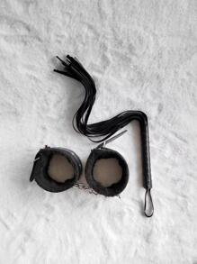 1pc Combination Black Handcuffs Whip Feminine Fun Bundle PU Leather Plush Handcuffs Couple Game Toys Set Of 2