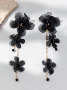 1pair Fabric Floral Long Earrings Suitable For Daily Wear - Black - View 2
