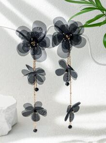 1pair Fabric Floral Long Earrings Suitable For Daily Wear - Black - View 3