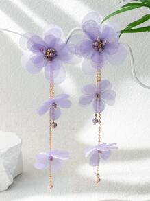 1 Par De Aretes Largos De Tela Con Flores Adecuado Para Uso Diario - Morado - Ver 3