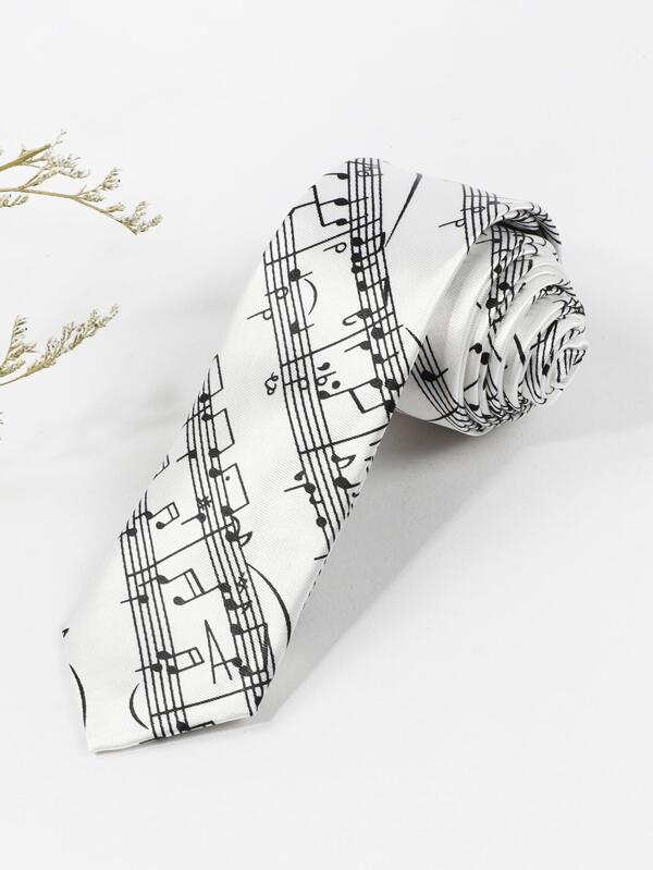 1pc Men's Narrow White Tie With Musical Notes Artistic Design, Suitable For Party, Banquet And Daily Wear