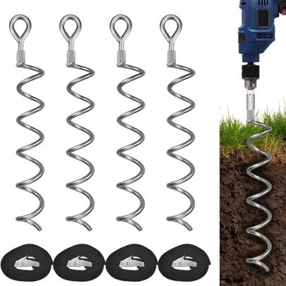 4 Pack Of 16.3 Inch Spiral Ground Anchor Heavy Duty Earth Anchor Kit For Tents, Trampoline, Garden Fence, Sheds, Swings, Canopies, Dog Tie Out Stake