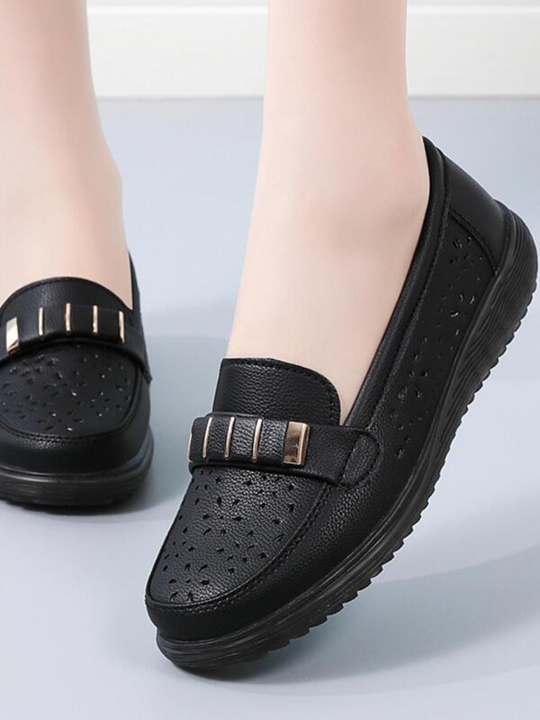 Women Slip On Hollow Out Metal Decor Loafer Flats, Elegant Artificial Microfiber Leather Flats For Summer