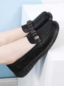 Women Slip On Hollow Out Metal Decor Loafer Flats, Elegant Artificial Microfiber Leather Flats For Summer - Black - View 3