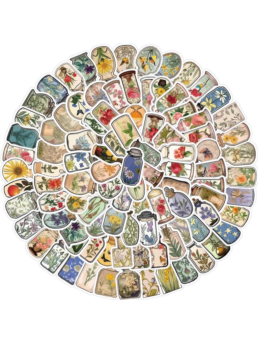 100pcs/Pack Vintage Creative Flower Vase Graffiti Stickers Back To School - Multicolor - View 1