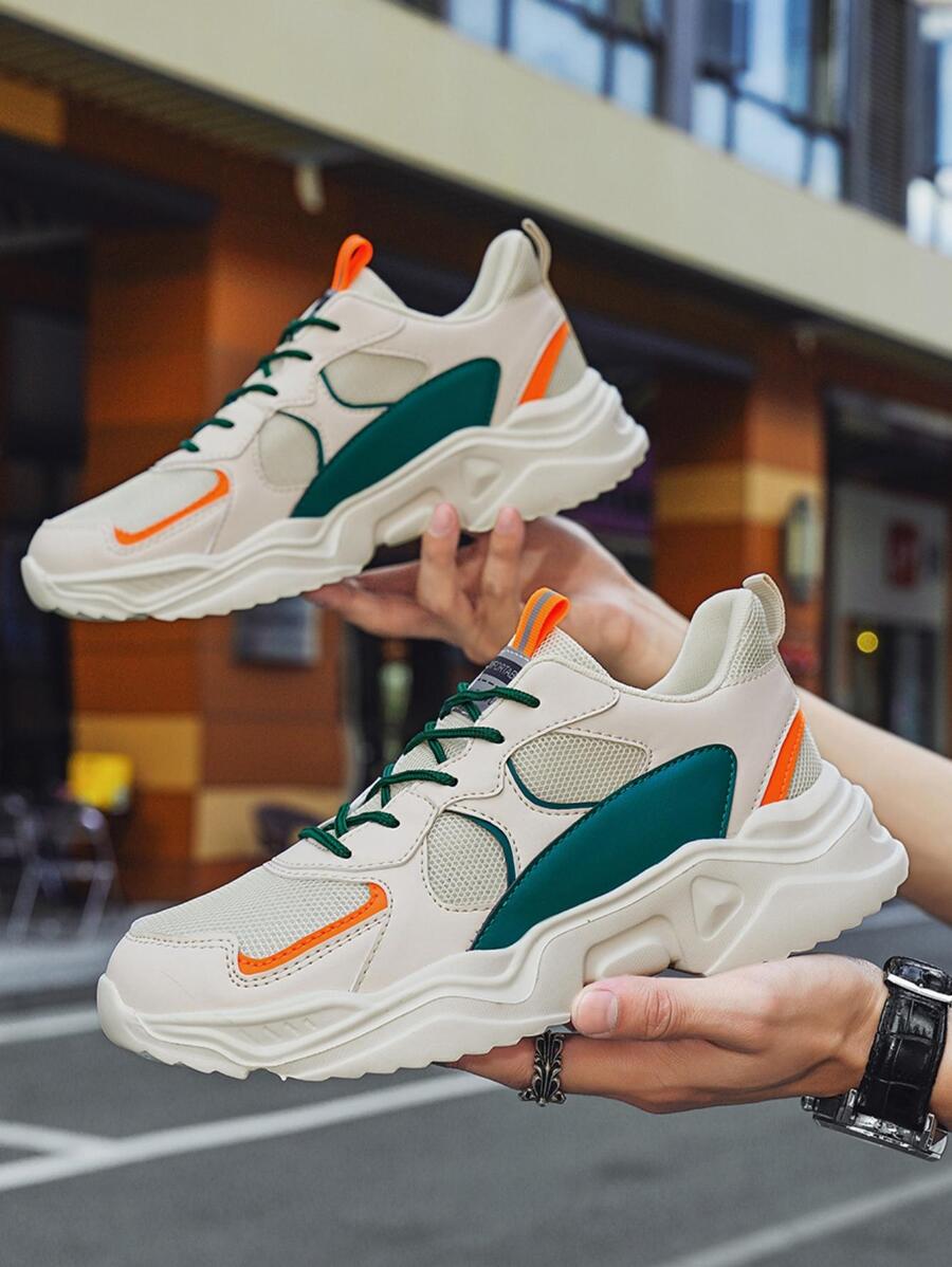 Men Lace Up Color Block Chunky Sneakers, Sporty Outdoor Sneakers - Beige - View 1