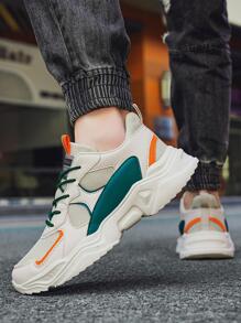 Men Lace Up Color Block Chunky Sneakers, Sporty Outdoor Sneakers - Beige - View 3