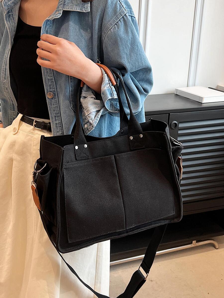 Large Capacity Tote Bag With Adjustable Shoulder Strap - Black - View 1