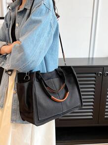 Large Capacity Tote Bag With Adjustable Shoulder Strap - Black - View 6